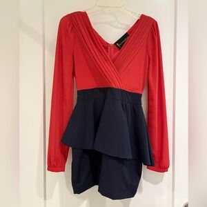 Red and Navy Long Sheer Sleeves Dress